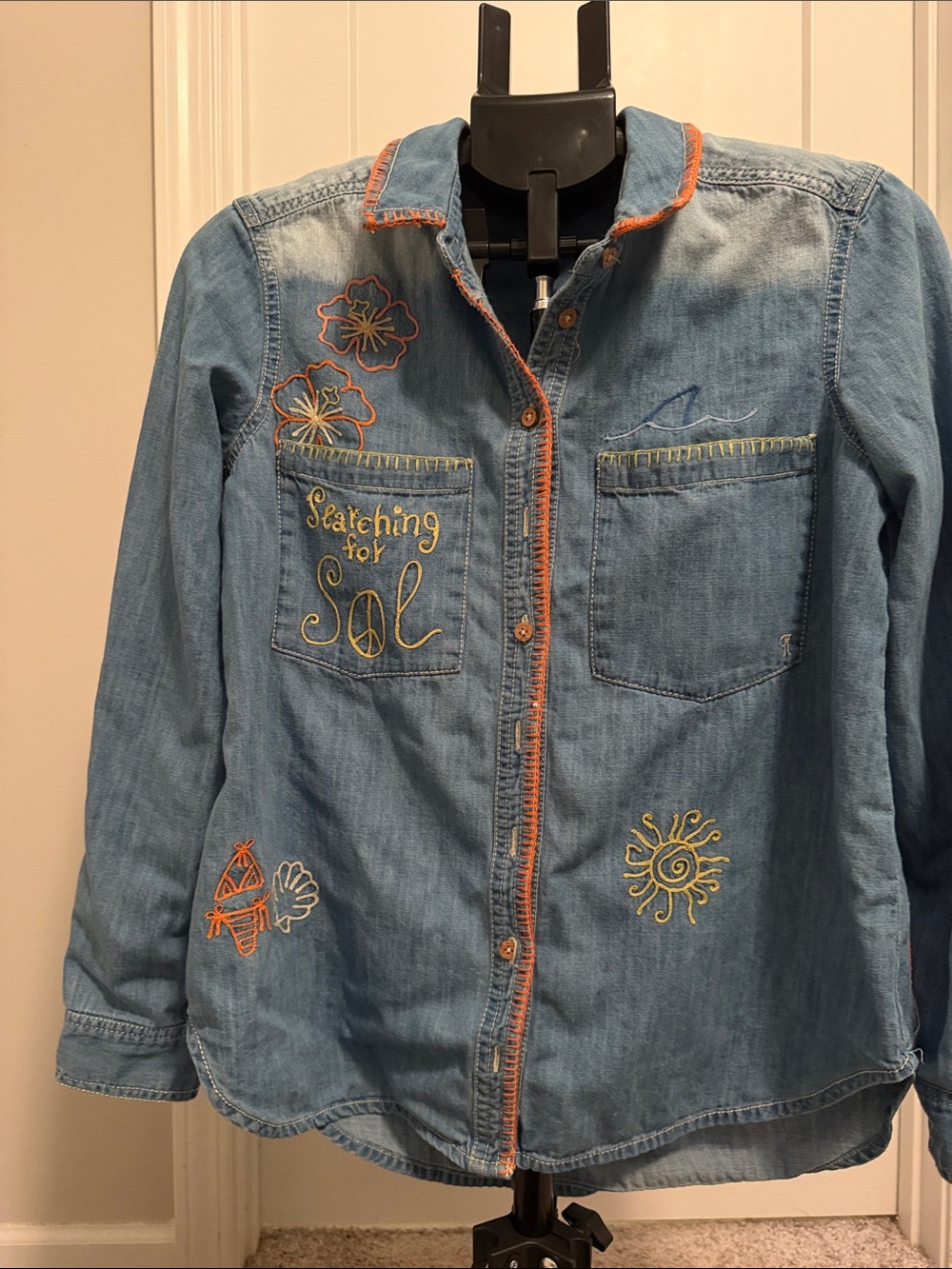 Anthropologie Light Blue Denim Button-Down Shirt with Multicolor Embroidery